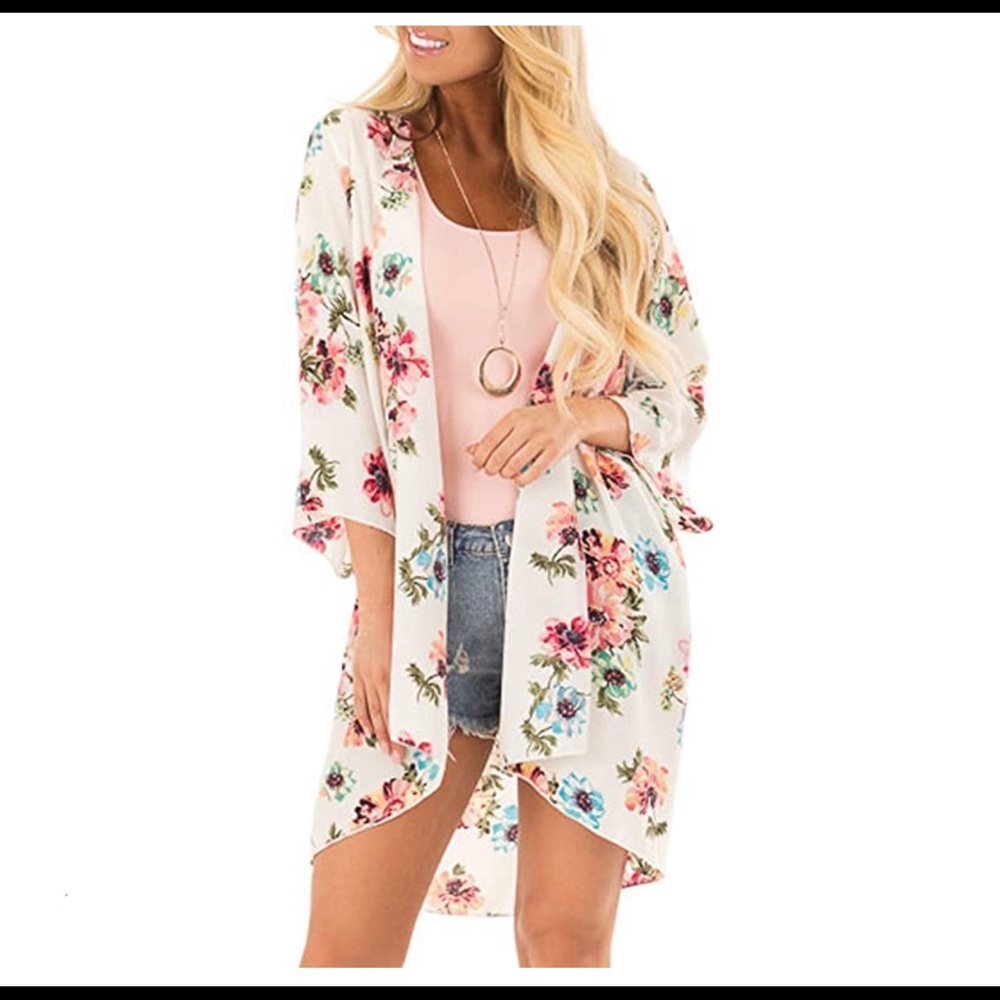 White chiffon Floral Kimono NWT